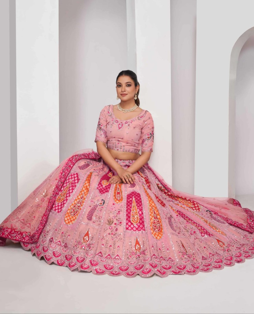 484pink - Elegant Rose Pink Silk Lehenga Choli with Peacock & Paisley Motifs